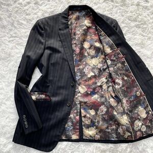 ポールスミス【希少L 魅せる花柄】PaulSmith The Byard テーラードジャケット シルク光沢 チョークストライプ 裏地総柄 ブラック Lサイズ