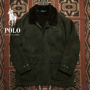 【激渋】 Polo Ralph Lauren Shearing Leather Coat 【XL】 シアリング レザー コート ムートン 羊革 羊毛 グリーン 船乗り ライダース RRL