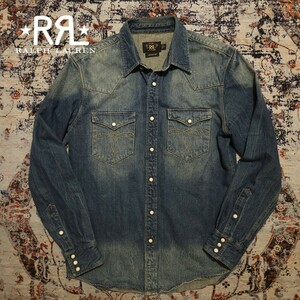 【名作】 RRL Distressed Denim Western Shirt 【M】 ディストレスト デニム ウエスタン シャツ シルバーコンチョ 肉厚 藍染 Ralph Lauren