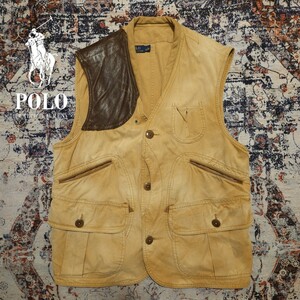 【逸品】 Polo Ralph Lauren Half Moon Hunting Vest 【L】 ハーフムーン ハンティング ベスト レザー 牛革 キャンバス 1950s RRL 肉厚