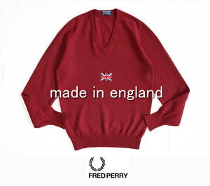  England made! FRED PERRY( Fred Perry ) month katsura tree . embroidery *moz. wool knitted sweater size38 Britain made UK made 