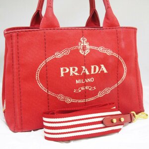 USED品・保管品 PRADA プラダ カナパ 2wayトートバッグ ショルダーバッグ レッド系 キャンバス ゴールド金具 レディース 保存袋付き