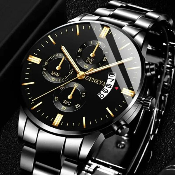 メンズクォーツ腕時計、ステンレススチール、カレンダー付き、ラグジュアリー、ブラック腕時計、高級スチール、メンズ高級腕時計