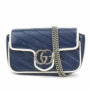 グッチ GUCCI 斜め掛けショルダーバッグ GGマーモント レザー/メタル ネイビー/ホワイト/シルバー e57523a