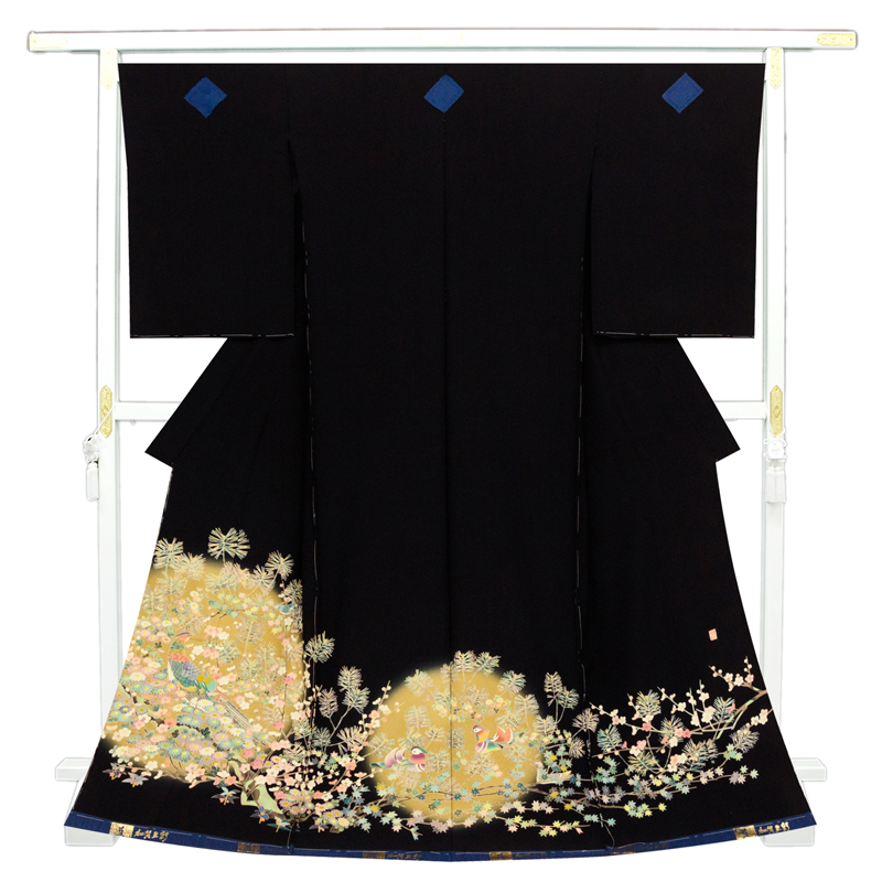 *Rénovation du magasin et inventaire épuisé ! [Couture gratuite] Artisanat traditionnel Kyoto Yuzen peint à la main Kaga motif de fleurs et d'oiseaux à cinq couleurs luxueux Yuzen multicolore et véritable tomesode noir spécial teint à l'indigo (s12112), mode, kimono femme, kimono, Tomésode