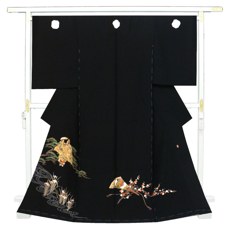 *Store renovation and inventory sold out! [Free tailoring] Hand-painted dyeing by Kyoto Yuzen craftsmen, Gold color processing ☆ Specially selected Keicho celebration dance illustration black tomesode ☆ Signature included (s01185), fashion, women's kimono, kimono, Tomesode