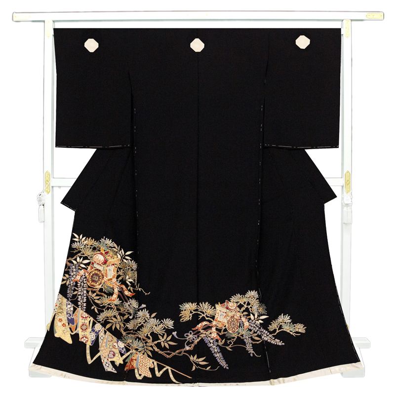 *Реконструкция магазина и распродажа товаров! [Бесплатный пошив] Ручная роспись Киото Юдзэн, вышивка, Особое черное формальное кимоно золотого цвета с большой сосной и праздничной императорской каретой (s08211), мода, Женское кимоно, кимоно, Томесодэ