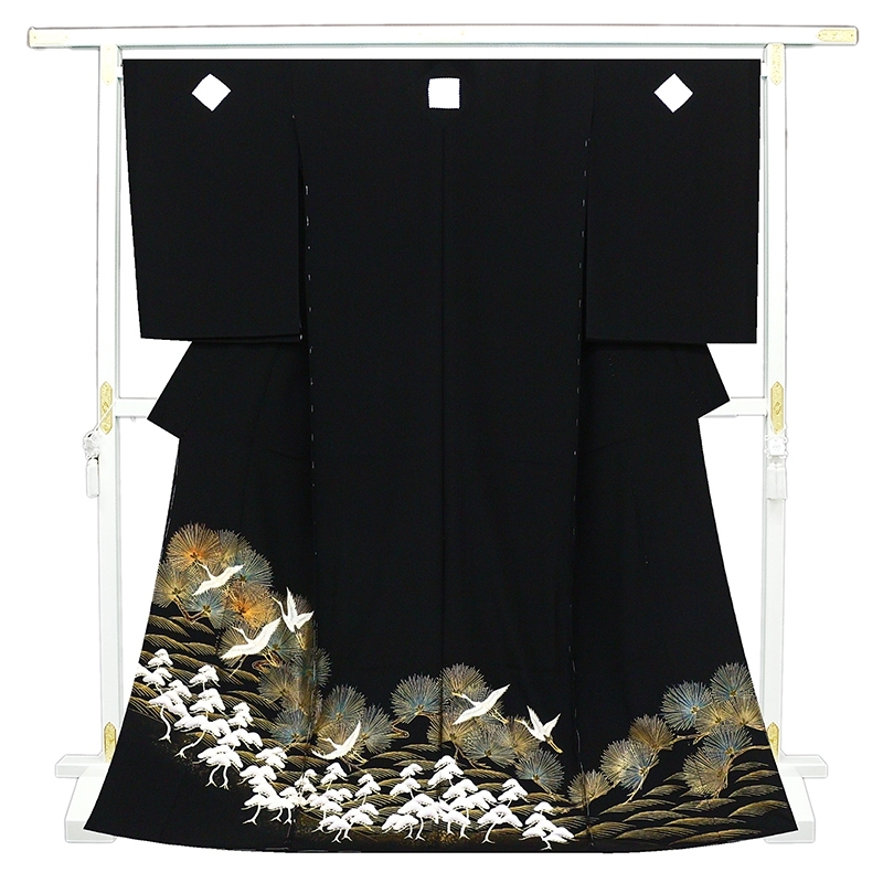 ※ ¡Renovación de tienda y venta de liquidación de inventario! [Sastrería gratuita] Kimono formal negro yuzen multicolor pintado en oro artesanal tradicional de Kioto ☆ Danza auspiciosa con grullas ☆ Teñido pintado a mano, Bordado a mano (nn09164), moda, kimono de mujer, kimono, tomesode