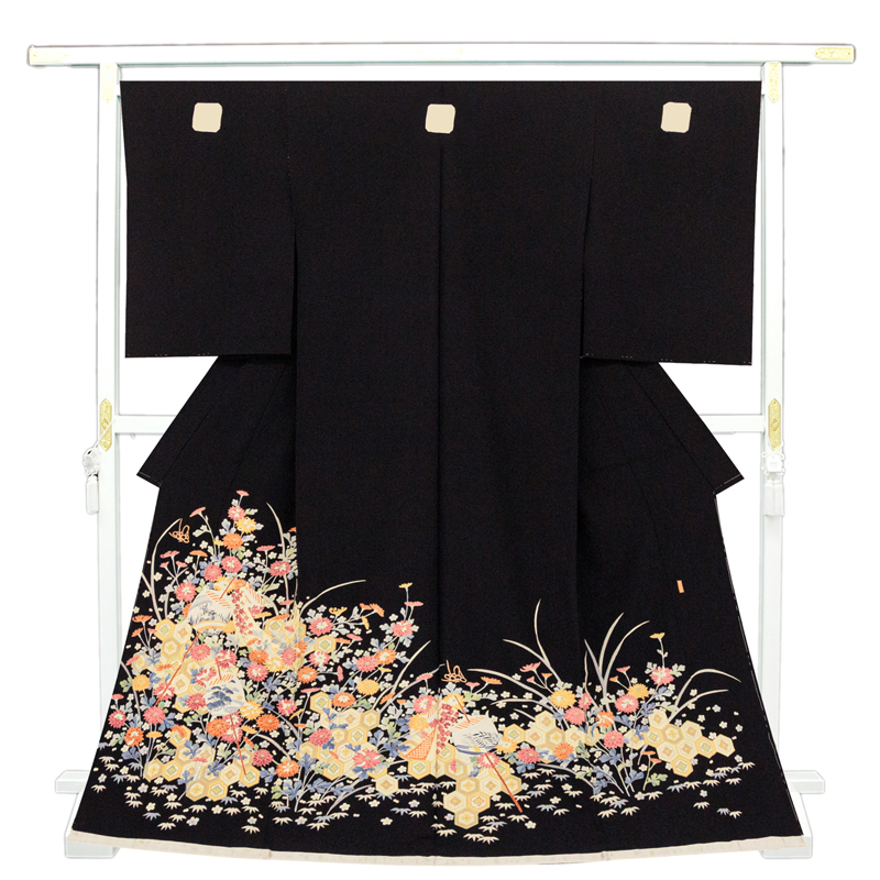 ※Ladenrenovierung und Lagerräumungsverkauf! [Kostenlose Schneiderei] Authentischer handbemalter Kaga Yuzen-Kunsttechniker von Matsumoto Ukei ☆ Schwarzer Kimono mit mehrfarbigem Schildpatt und festlichem Blumenmuster der Saison (s10123), Mode, Damen-Kimono, Kimono, Tomesode