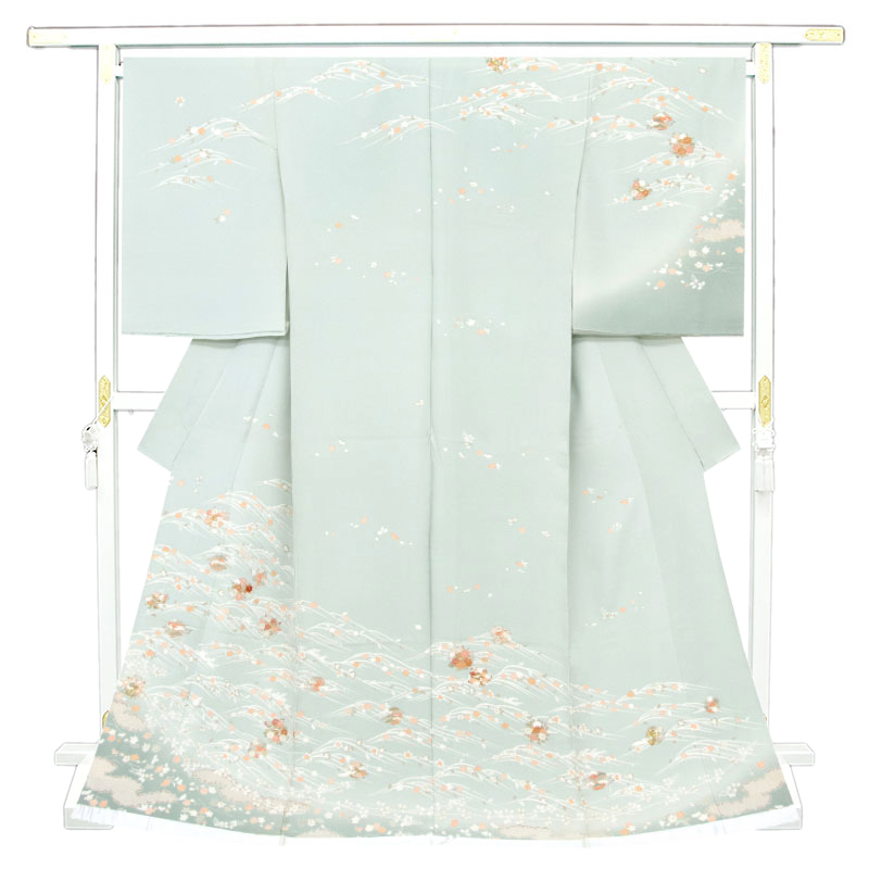 ※Store renovation and inventory clearance sale! [Free tailoring] Kyoto Yuzen craft white paper hand-dyed, Hikita dyeing, Real Gold, Hand-embroidered ☆ Auspicious floral pattern with gradated dyed hem s02095, Women's kimono, kimono, Visiting dress, Untailored