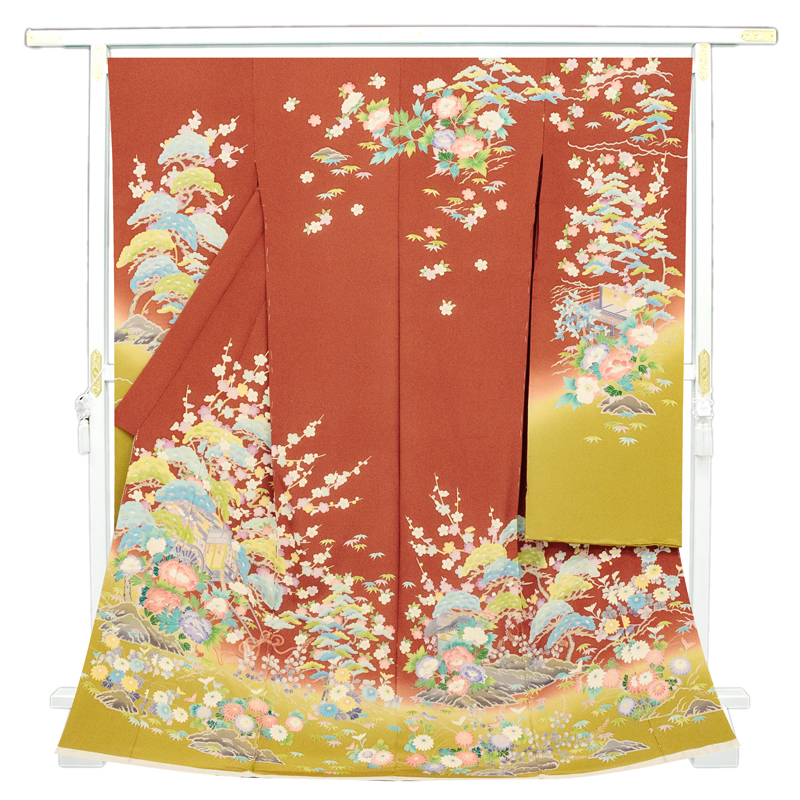 *Ladenrenovierung und Lagerräumung! [Kostenlose Schneiderei] Kyoto Yuzen traditionelle handbemalte Kunstfärbung spezielle Furisode ☆ Kaga Fünffarbfärbung Vier-Jahreszeiten-Blumenwagendesign mit Signatur (s12273), Mode, Damen-Kimono, Kimono, Langärmliger Kimono