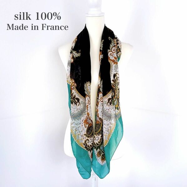 スカーフ シルク100% silk100% 大判 黒 ブラック 緑 グリーン ボタニカル 花柄 ショール エレガント ビジネス
