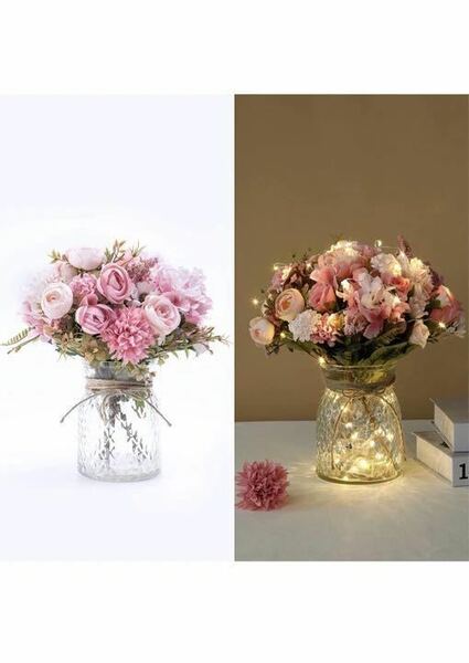 ピンクバラ造花 ガラス花瓶付き LEDムードライト インテリア飾りテーブルのセン