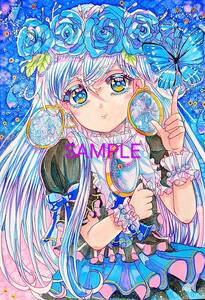 Art hand Auction Ilustración dibujada a mano original niña rosa azul A5, historietas, productos de anime, ilustración dibujada a mano