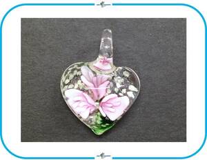 E201 -17 ランプワーク ガラス ビーズ チャーム ハート ピンク 1個 フラワー 花 ハンドメイド アクセサリー ペンダント パーツ 材料 DIY