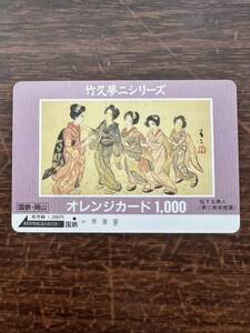 ◆国鉄岡山【１つ穴】◆超美品　竹久夢二シリーズ　桜下五美人　日本国有鉄道　使用済1000円オレンジカード　アンティーク ビィンテージ 