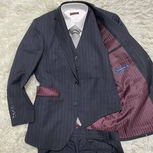 エルメネジルドゼニアErmenegildo Zegna スーツ セットアップ スリーピース L相当 紺色 ネイビー 3P 3ピース高級あるボタン◎ ストライプ柄