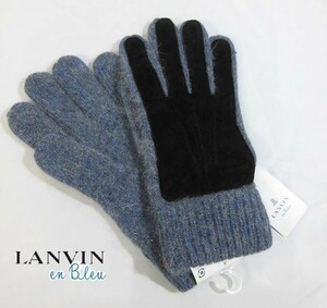 L土12643新品▼ ランバン オン ブルー ウール 手袋 グローブ 豚革 アンゴラ LANVIN en Bleu ネイビー系