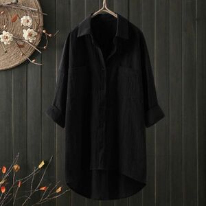 S ~ 2XL サイズ■秋新品■ ナチュラル ゆったり 素敵な 純色 無地 綿麻 大きいサイズ 長袖 シャツチュニック ★ S~2XL 黒