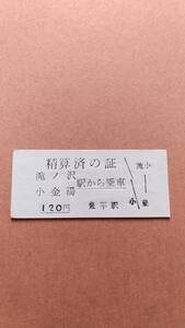 定山渓鉄道　精算済の証　滝ノ沢/小金湯駅から乗車　120円　豊平駅