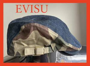 【エヴィス EVISU 】 ハンチング 帽子 キャップ カモメ刺繍 デニム 迷彩 カモフラージュ
