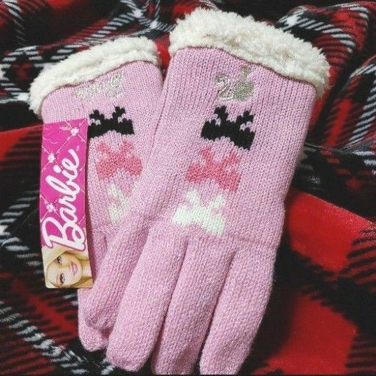 女の子 ニット グローブ 手袋 防寒 ボア もこもこ リボン ピンク バービーBarbie 5本指手袋 かわいい