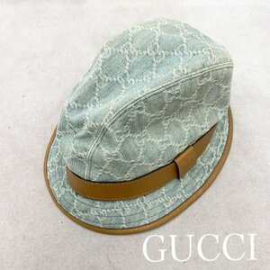 GUCCI グッチ GG柄 ジャガード デニム 中折れ ハット L 帽子 レザー ライトブルー キャップ メンズ レディース 洋品 服飾小物