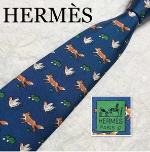 # прекрасный товар #HERMES Hermes галстук курица ....... курица лисица шелк 100% Франция производства голубой 