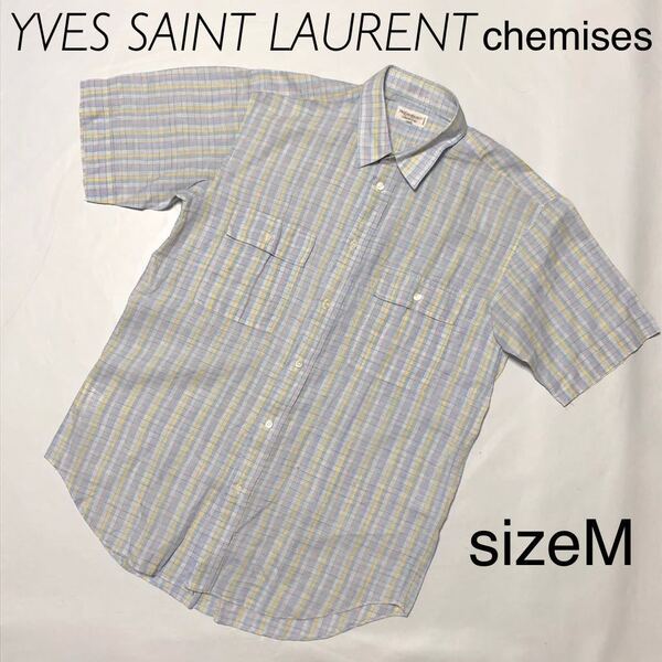 ■希少リネン×コットン■Yves saint Laurent イヴサンローラン 半袖シャツ sizeM チェック 樫山製 マルチカラー