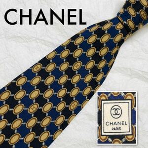 ■美品■CHANEL シャネル　ネクタイ　楕円　総柄　ココマーク　シルク100% イタリア製　ネイビー