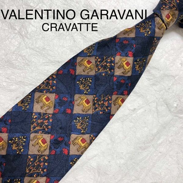 ■美品■VALENTINO GARAVANI ヴァレンティノガラヴァーニ　ネクタイ　格子柄　花　樹木　象　ゾウ　総柄　シルク100% イタリア製　ネイビー