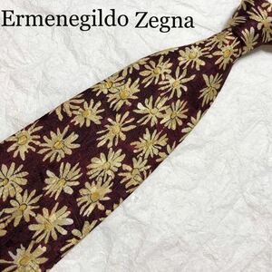 ■美品■Ermenegildo Zegna エルメネジルドゼニア　ネクタイ　花柄　総柄　シルク100% イタリア製　エンジ×イエロー