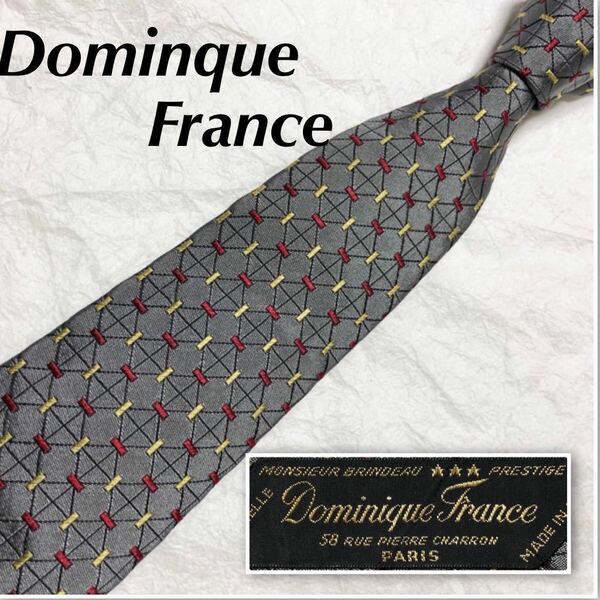 ■美品■Dominque France ドミニクフランス　ネクタイ　格子　シルク100% フランス製　シルバー