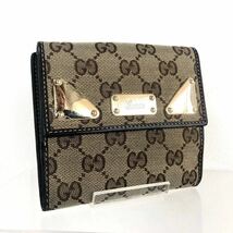 ■美品■希少デザイン■GUCCI グッチ　GGキャンバス×レザー　三つ折り財布　ブラウン　ゴールド金具　イタリア製　刻印あり_画像1