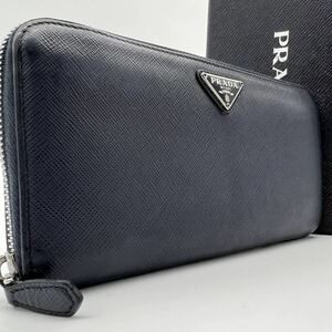 1円【極美品 箱付き】プラダ PRADA 長財布 ラウンドファスナー ウォレット 三角ロゴ トライアングル サフィアーノレザー ネイビー メンズ 