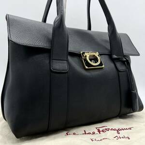 1円【極美品】Salvatore Ferragamo フェラガモ メンズ ビジネス トートバッグ ガンチーニ レザー 本革 肩掛け A4収納 ブラック ポーチ付き