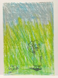 Art hand Auction Original illustration, hand-drawn illustration, rain, girl, frog, handmade, picture, crayon, analog, art, original work, frog, illustration art, Comics, Anime Goods, Hand-drawn illustration