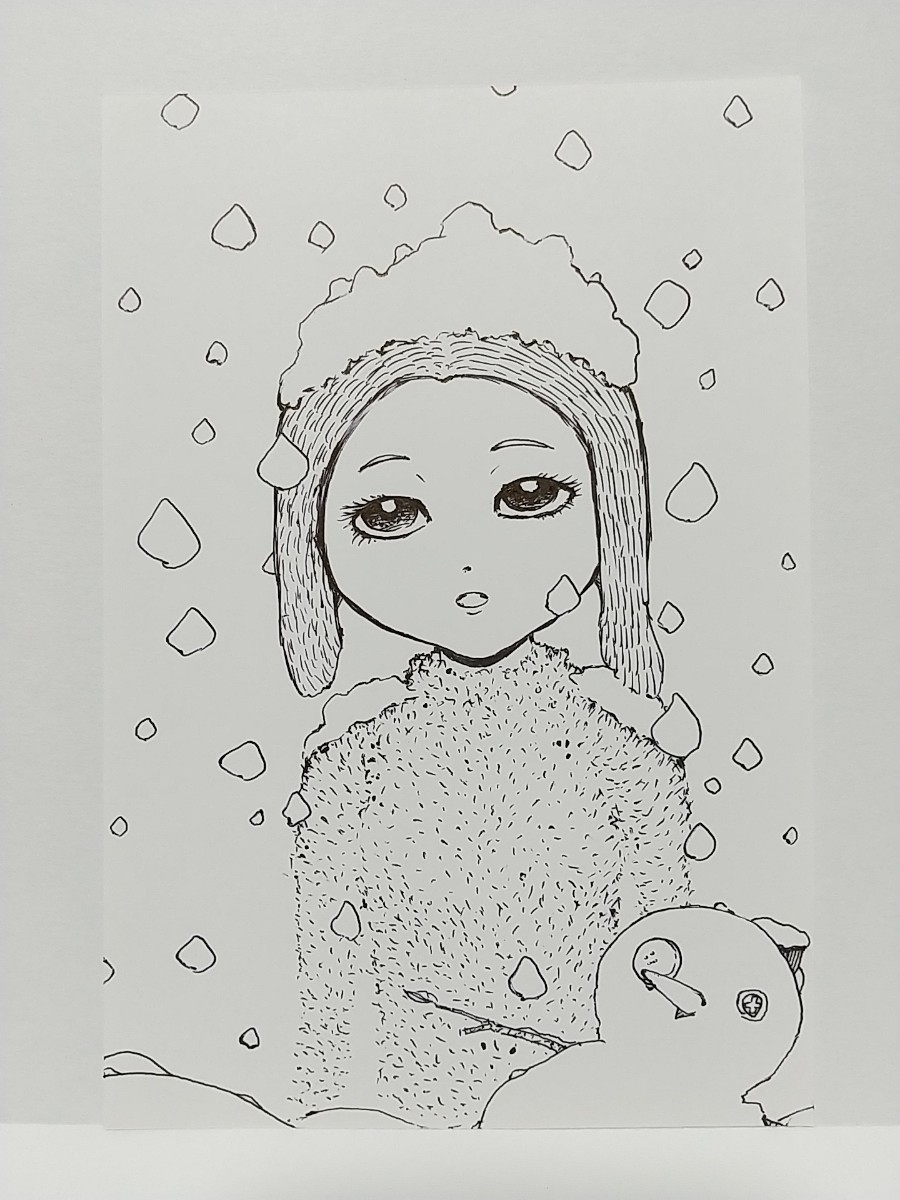 オリジナルイラスト☆手描きイラスト☆雪 女の子☆ハンドメイド☆絵 モノクロ 原画 自作 アナログ アート インテリア illustration art, コミック, アニメグッズ, 手描きイラスト