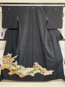 #E2524# used beautiful goods # silk ..# plum pine ..... hand embroidery . kurotomesode # height 161.65..