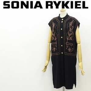 ◆SONIA RYKIEL ソニアリキエル アンゴラ混 ウール ニット 刺繍 ノースリーブ ロング カーディガン ベスト 黒 ブラック×ブラウン 38