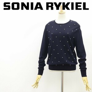 イタリア製◆SONIA RYKIEL ソニアリキエル パール装飾 ウール ニット セーター 紺 ネイビー 36