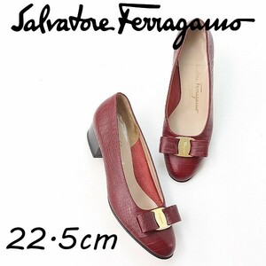 ◆Salvatore Ferragamo サルヴァトーレフェラガモ クロコ型押し レザー ヴァラリボン オーバルトゥ ローヒール パンプス 赤 レッド 5