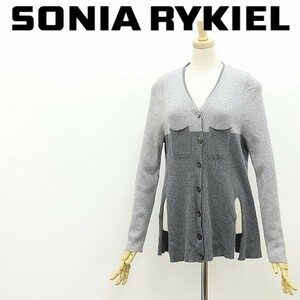 ◆SONIA RYKIEL ソニア リキエル バイカラー スリット ウール リブニット カーディガン ライトグレー×グレー S