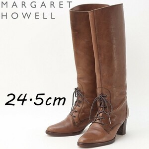 ◆MARGARET HOWELL マーガレット ハウエル レザー レースアップ ヒール ロング ブーツ 茶 ブラウン 24.5cm