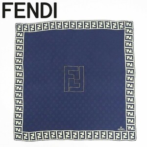 ヴィンテージ◆FENDI フェンディ シルク100％ ズッカ柄 大判 スカーフ 紺 ネイビー