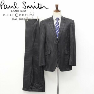 ◆Paul Smith LONDON ポールスミス ロンドン×伊チェルッティ 光沢感 コーティング ストライプ柄 2釦 スーツ チャコールグレー XL