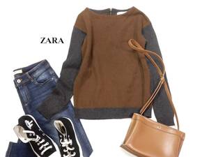 ザラ ZARA KNIT 大人カジュアル☆ ウールブレンド バックファスナー バイカラー 配色切り替え ニットプルオーバー セーター S