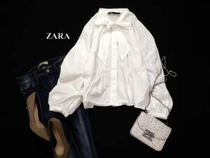 ザラ ZARA 大人可愛い☆ コットン 綿 リボンタイ ボウタイ ふっくら袖 ウエストタック デザインシャツブラウス L