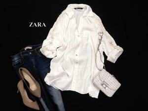 ザラ ZARA 大人素敵☆お袖レースライン ロールアップ 微光沢 とろみ ブラウス シャツ XS