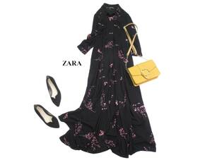 訳あり ザラ ZARA WOMAN 大人素敵スタイル☆ 花柄 ウエスト切り替え フレア ロングマキシワンピース S